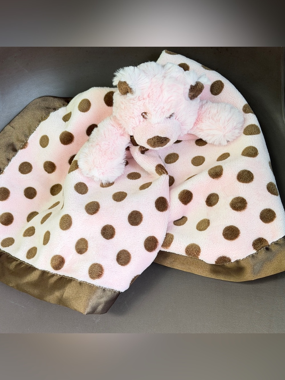 Mary‎ Meyer Baby Pink & Brown Polka Dot Teddy Bear Security Blanket Lovey Satin